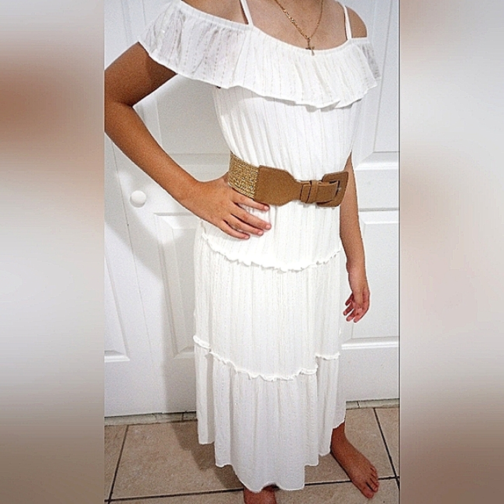 White Dress with Tan Belt 💥
